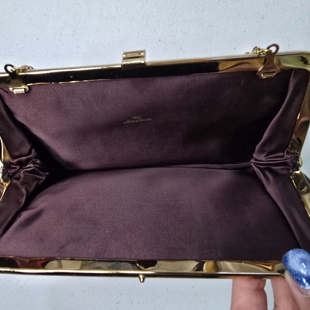 Vintage Miss Lewis Evening Bag Purse Clutch Burgundy Satin Gold Chain Kiss Lock - Picture 7 of 11